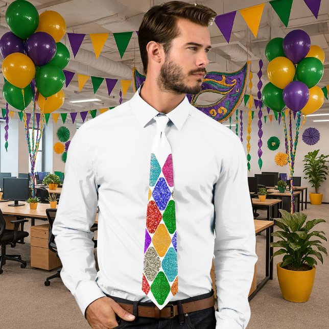 Modern Harlequin Pattern Sparkly Mardi Gras  Tie (Creator Uploaded)