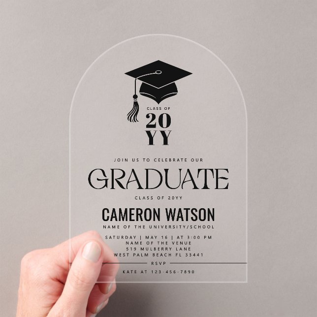 Modern Hat and Tassel Graduation Party Acrylic Invitations (Insitu (Handheld))