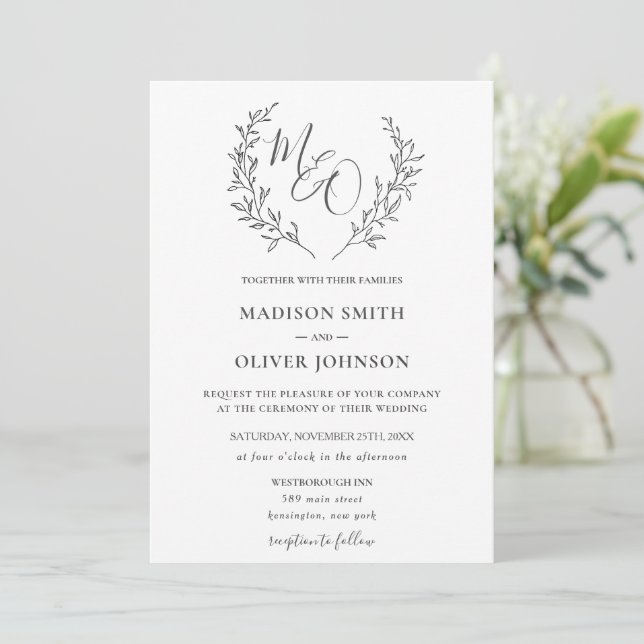 Modern Haute Monogram Laurel Branch Wedding  Invitation (Standing Front)