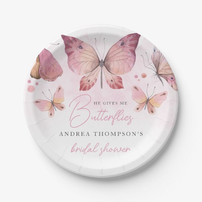 Modern He Gives Me Butterflies Bridal Shower Paper Plate (Front)