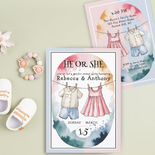 Modern He or She watercolor clothes gender reveal Invitation