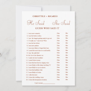 Modern He said she said Bridal shower game card