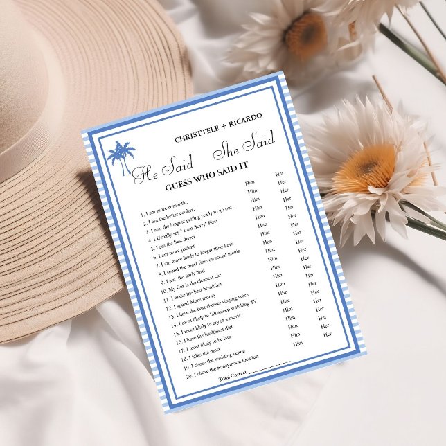 Modern He said she said Bridal shower game card (Creator Uploaded)