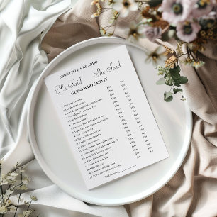 Modern He said she said Bridal shower game card