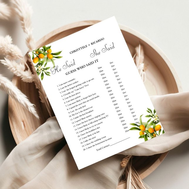 Modern He said she said Bridal shower game card (Creator Uploaded)