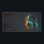 Modern Headphones Gamer Digital Personalised Name Desk Mat<br><div class="desc">Modern Headphones Gamer Digital Personalised Name Desk Mat features your personalised name in simple blue script typography with a set of headphones on a black background. Perfect gift for family and friends for birthday, Christmas, Father's Day, brother, husband, boyfriend, partner, friends, work colleagues, teacher appreciation and more. Designed by ©Evco...</div>