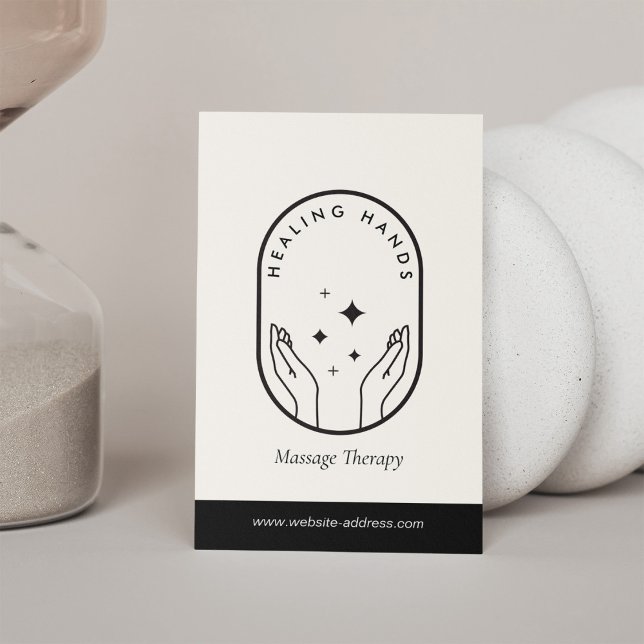 Modern Healing Hands Massage Black and Ivory Logo Business Card (Creator Uploaded)