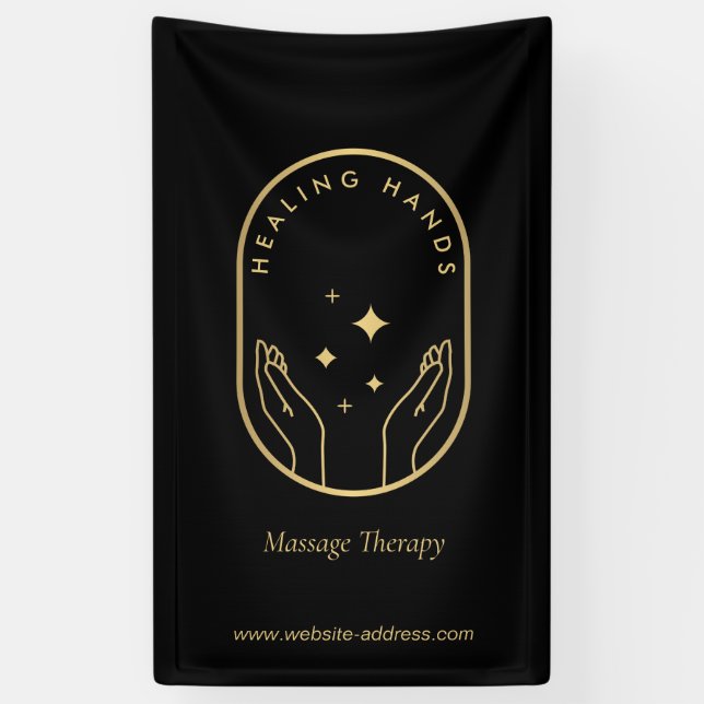 Modern Healing Hands Massage, Wellness Gold Logo Banner (Vertical)