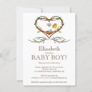 Modern Heart baby bird Boys Baby Shower Invitation