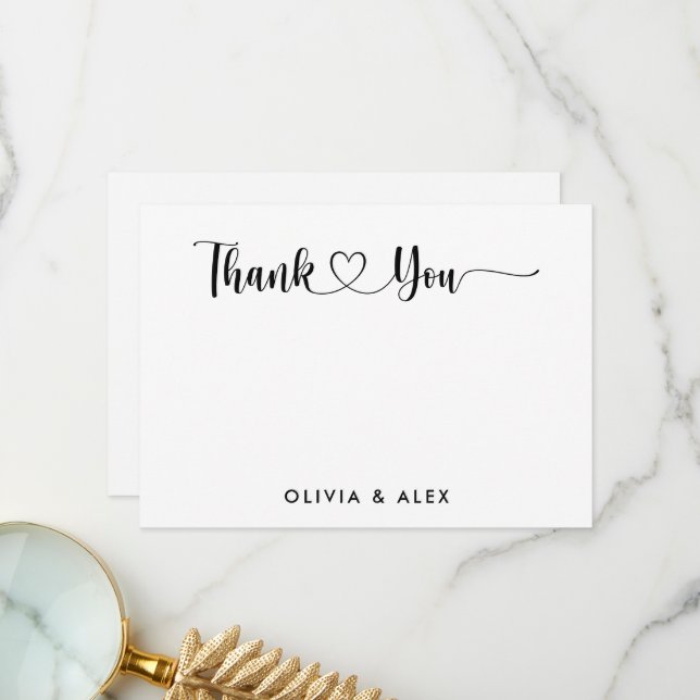 Modern Heart Black Script Personalised Wedding  Thank You Card (Front/Back In Situ)