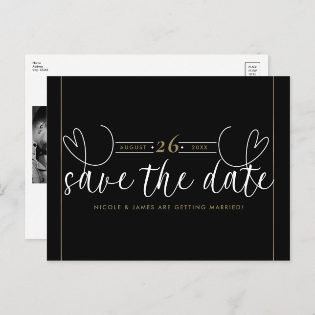 Modern Heart Black White Chic Save the Date Announcement Postcard (Front/Back)