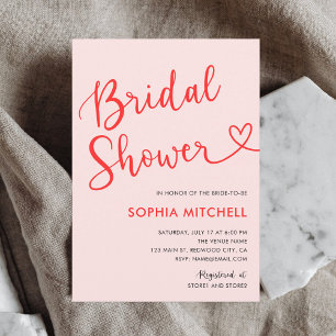 Modern Heart Calligraphy Bridal Shower Pink Red Invitation