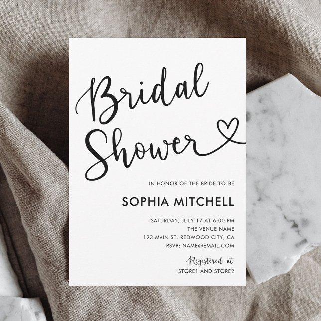 Modern Heart Calligraphy Bridal Shower White Invitation (Creator Uploaded)