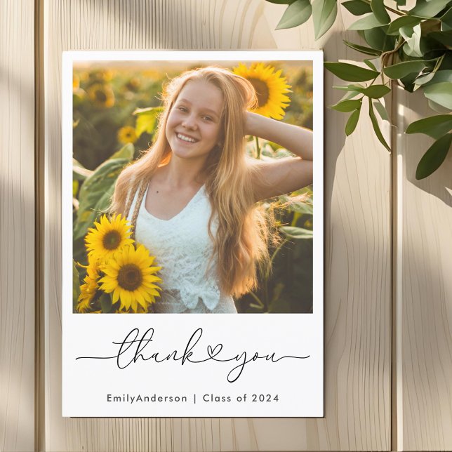 Modern Heart Calligraphy Graduation Photo Thank You Card (Creator Uploaded)