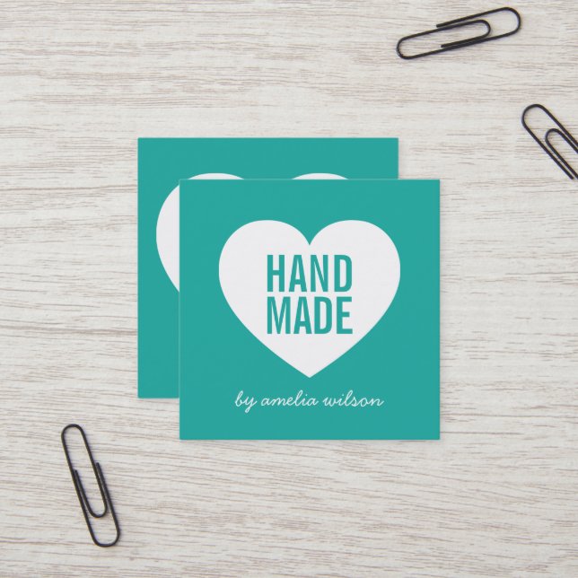 Modern Heart Editable Background Colour Handmade Square Business Card (Front/Back In Situ)