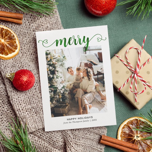 Modern Heart Green Merry Script Photo Christmas Holiday Card (Creator Uploaded)