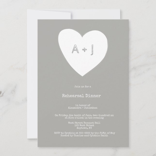 Modern heart monogram rehearsal dinner invitations (Front)