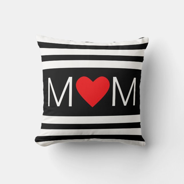Modern Heart Mum on Black & White Striped Cushion (Front)