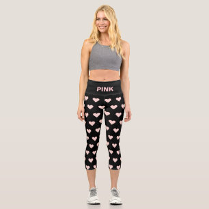Modern Heart Pattern & Editable Pink Text on Black Capri Leggings