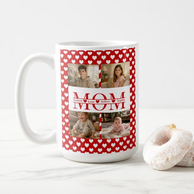 Modern Heart Pattern Red 4 Photo Collage Custom Coffee Mug (With Donut)