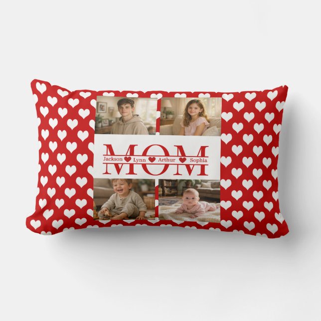Modern Heart Pattern Red 4 Photo Collage Custom Lumbar Cushion (Front)
