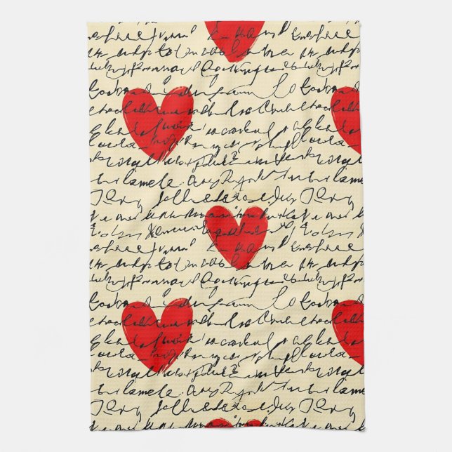 Modern Heart Pattern with Script Background (11) Tea Towel (Vertical)