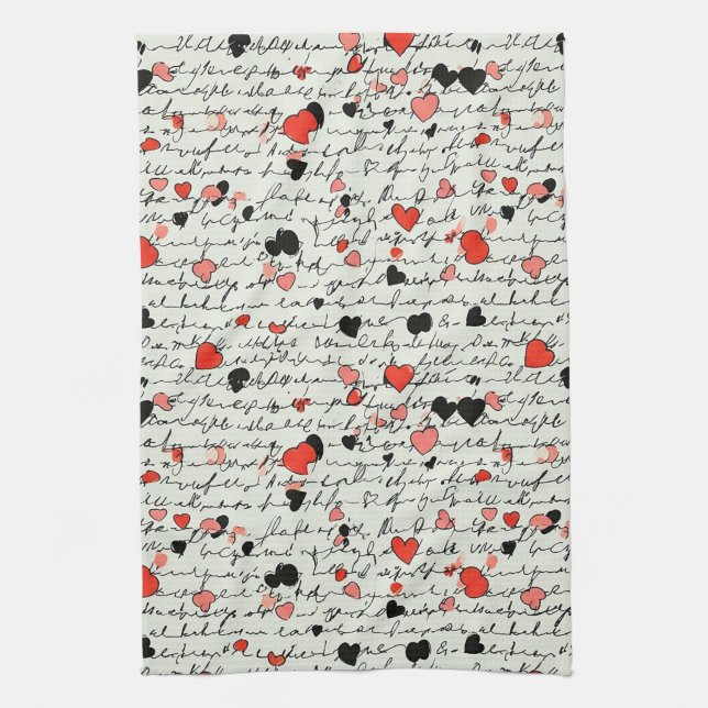 Modern Heart Pattern with Script Background (16) Tea Towel (Vertical)