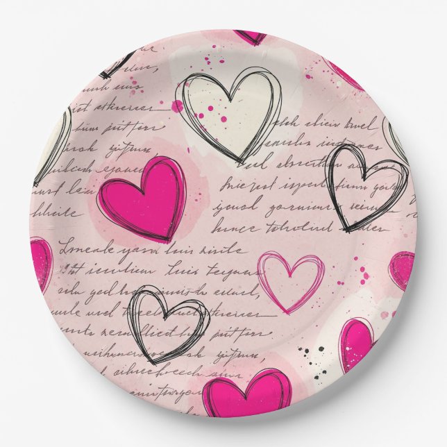 Modern Heart Pattern with Script Background (18) Paper Plate (Front)