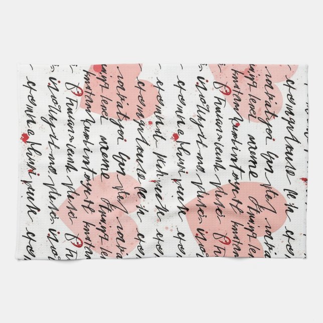 Modern Heart Pattern with Script Background (19) Tea Towel (Horizontal)