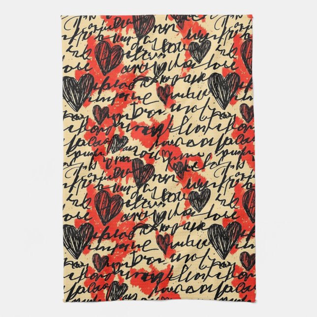 Modern Heart Pattern with Script Background (2) Tea Towel (Vertical)