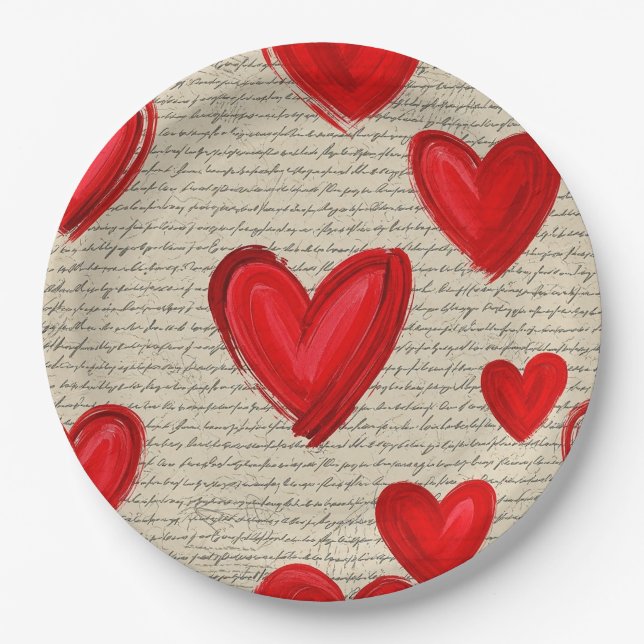 Modern Heart Pattern with Script Background (5) Paper Plate (Front)
