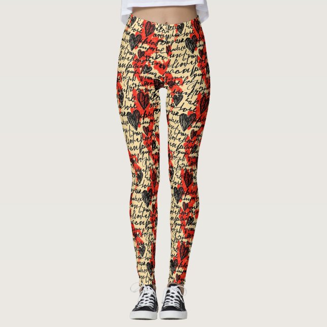 Modern Heart Pattern with Script Background (7) Leggings (Front)