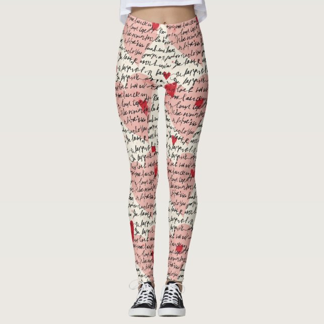 Modern Heart Pattern with Script Background (9) Leggings (Front)