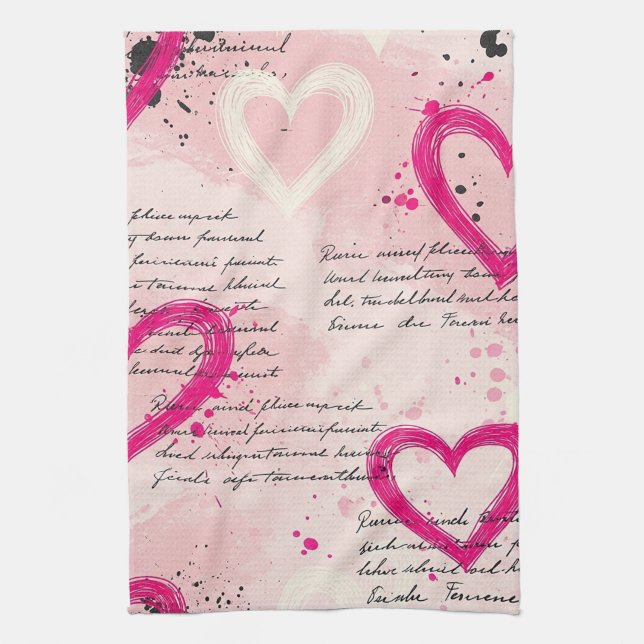 Modern Heart Pattern with Script Background (9) Tea Towel (Vertical)