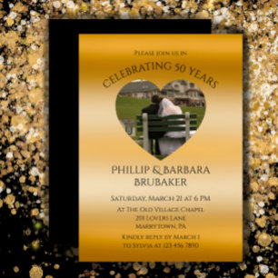 Modern Heart Photo Golden 50th Wedding Anniversary Invitation