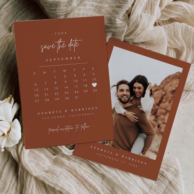Modern Heart Save The Date Calendar Photo Card (Creator Uploaded)