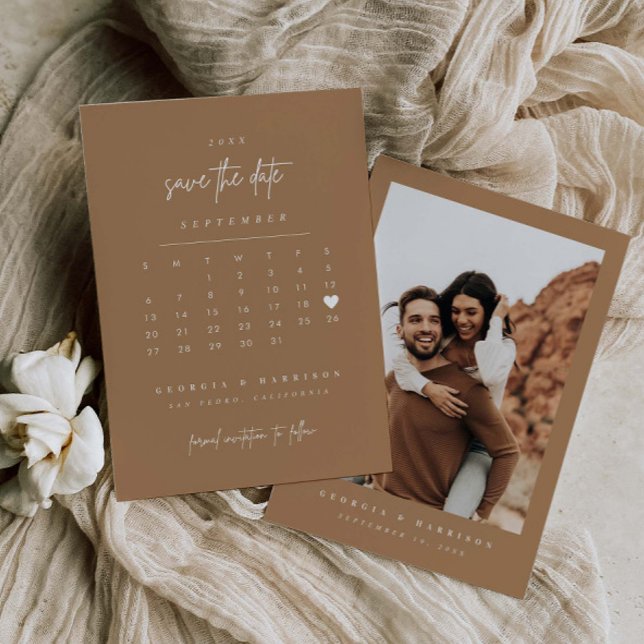 Modern Heart Save The Date Calendar Photo Card (Creator Uploaded)