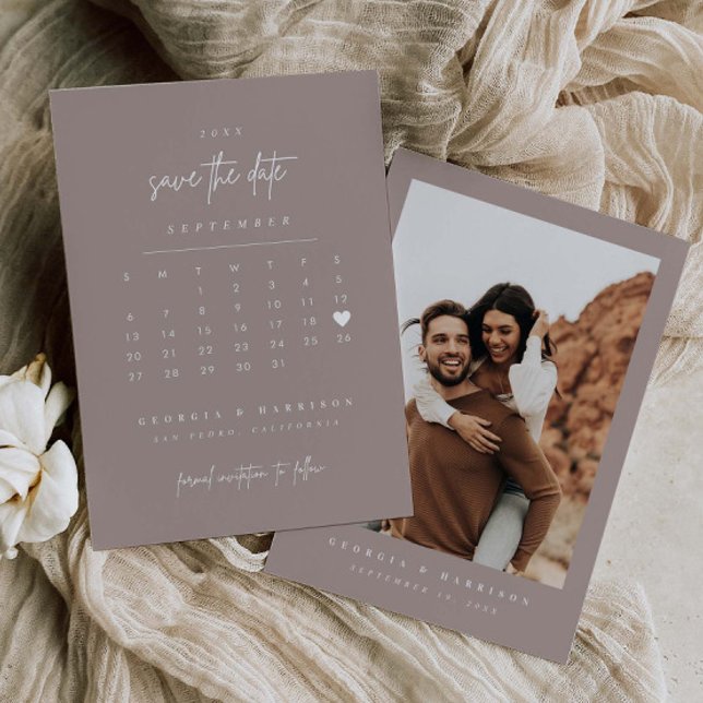 Modern Heart Save The Date Calendar Photo Card (Creator Uploaded)