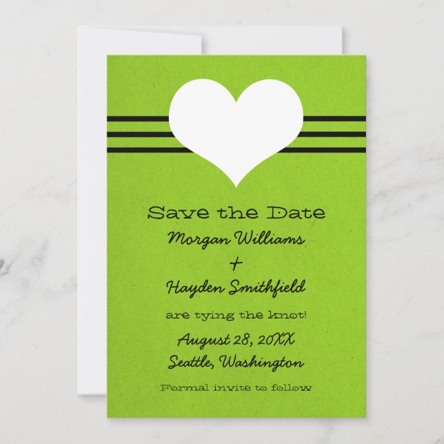 Modern Heart Save the Date Invite, Green (Front)