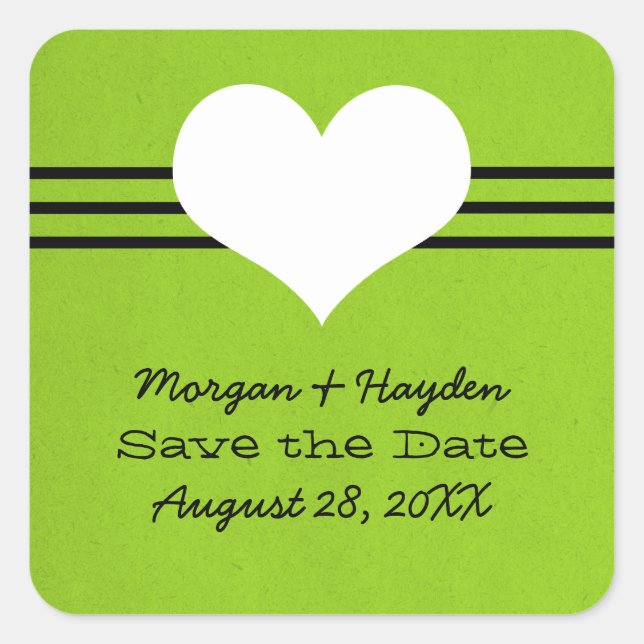 Modern Heart Save the Date Stickers, Green Square Sticker (Front)