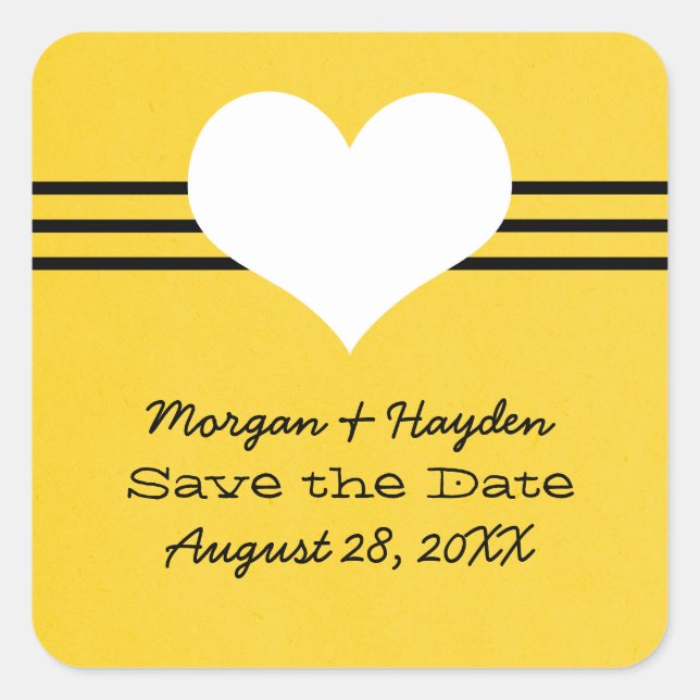 Modern Heart Save the Date Stickers, Yellow Square Sticker (Front)
