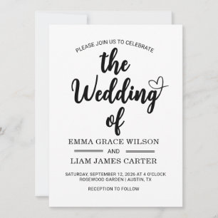 Modern Heart Script Black and White Wedding Card
