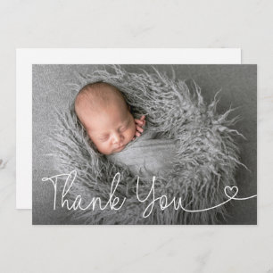 Modern heart script Customizable Boy Baptism Photo Thank You Card