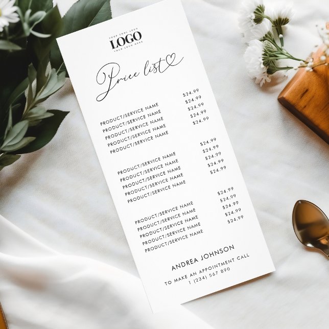 Modern Heart Script & Logo Minimalist Price List Rack Card (Creator Uploaded)