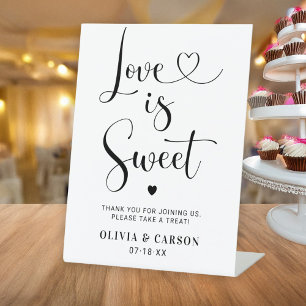 Modern Heart Script Love Is Sweet Wedding Pedestal Sign