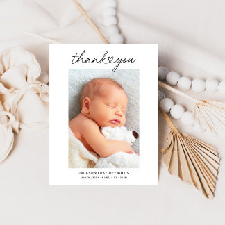Modern Heart Script Newborn Boy Photo Thank You Card