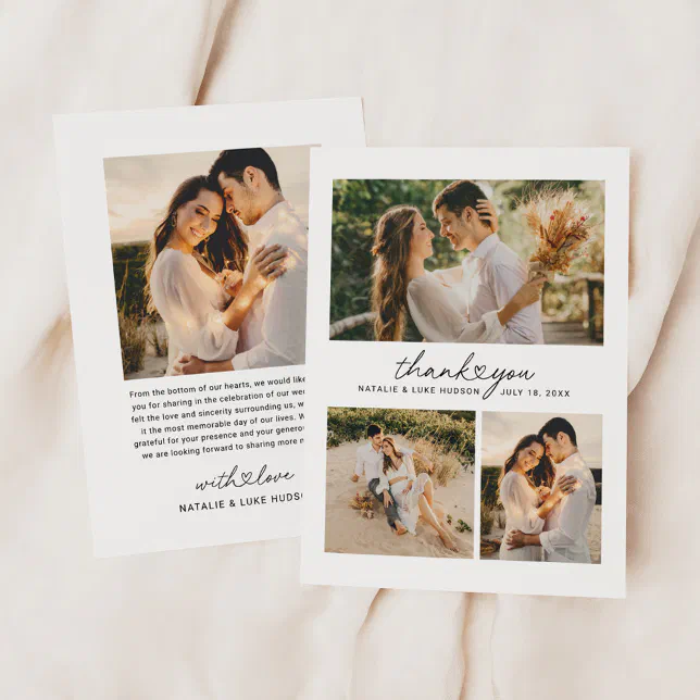 Modern Heart Script Wedding Photo Collage Thank You Card | Zazzle