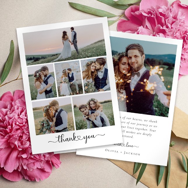 Modern Heart Script Wedding Photo Collage Thank You Card (Creator Uploaded)