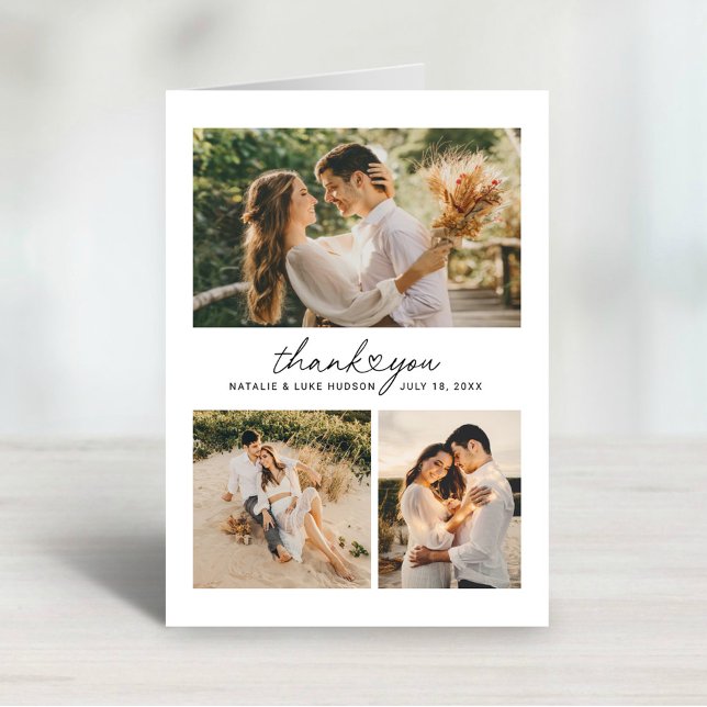 Modern Heart Script Wedding Photo Collage Thank You Card (Creator Uploaded)