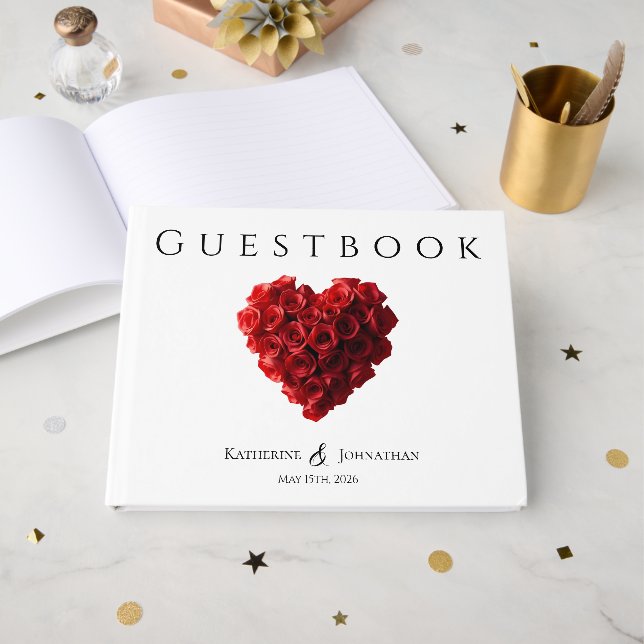 Modern Heart Shaped Red Roses Wedding Guest Book (Front Open)